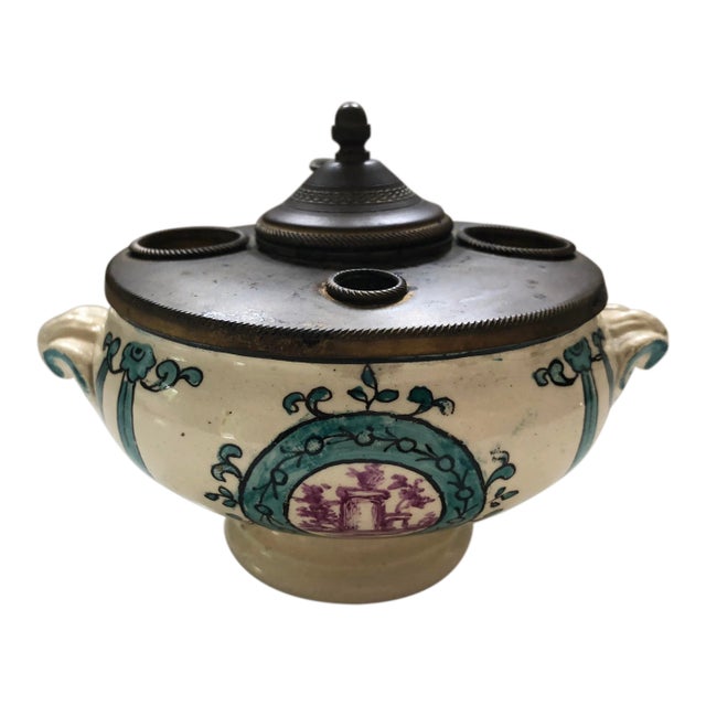 Antique French Porcelain Hand Painted Inkwell For Sale