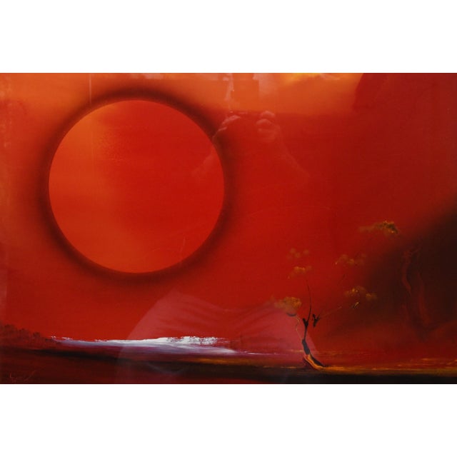 Immerse yourself in the radiant warmth of Memarian's Crimson Horizon," an oil on paper masterpiece measuring 33" x 29"....