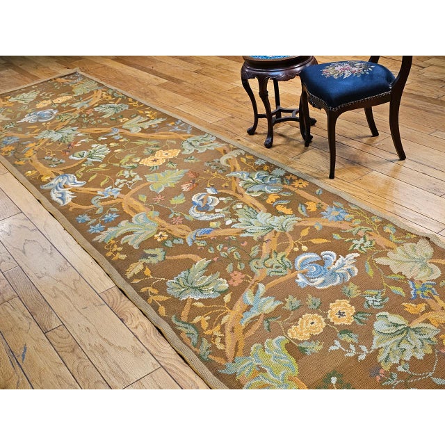 Early 20th Century Vintage French Needlepoint Runner, Handwoven Wool, Tree of Life Pattern, Brown & Blue, 4’ X 15’ For Sale - Image 5 of 17