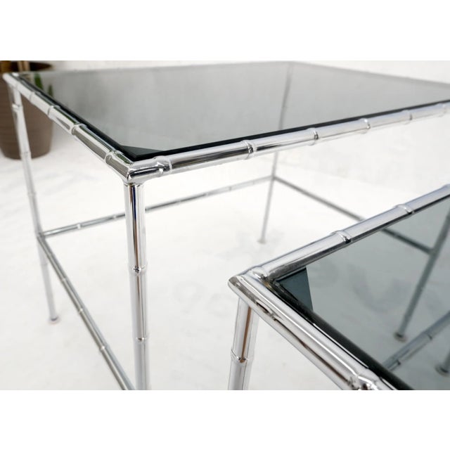 Pair of Chrome Faux Bamboo Smoked Glass Tops Nesting Tables For Sale - Image 9 of 13