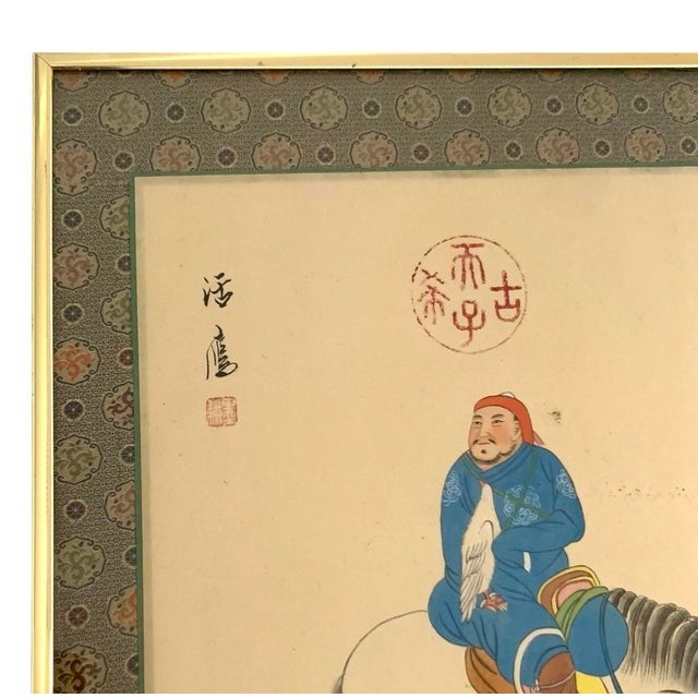 Late 20th Century Vintage Framed Chinese Horseman and Falcon Painting on Silk Matting Wall Art For Sale - Image 5 of 7