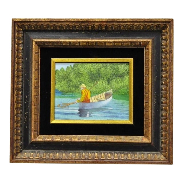 Late 20th Century Daniel Belliard Enamel on Copper Small Framed Painting Fisherman in Boat on Lake For Sale