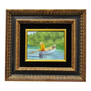 Late 20th Century Daniel Belliard Enamel on Copper Small Framed Painting Fisherman in Boat on Lake