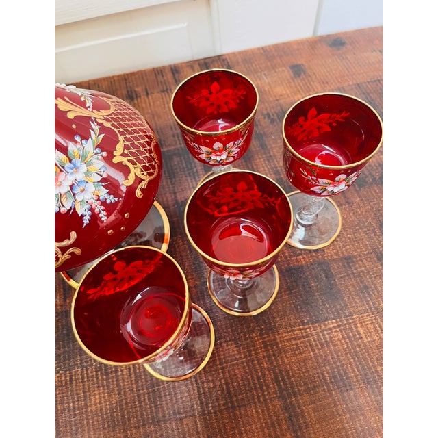 Metal 1950s Red Glass Decanter Set Hand Enameled Pitcher 6 Glasses Italy Art Glass Gold Trim For Sale - Image 7 of 9