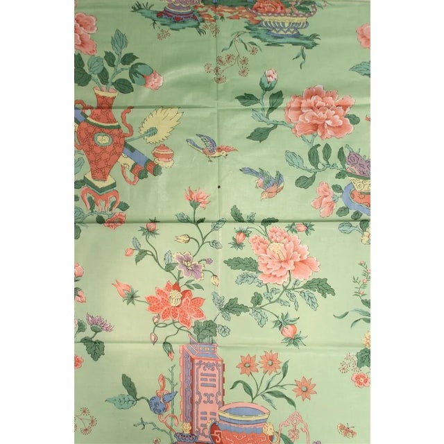 Chinoiserie celadon green glazed chintz fabric with flowers in vases in excellent condition. Sz: 35"L x 27"W