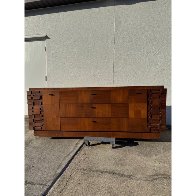 Attributed to Paul Evans Style Brutalist Dresser by Lane | Mid Century Modern Walnut 9 Drawer Lowboy | Vintage 1970s Pueblo Mosaic Credenza For Sale - Image 9 of 12