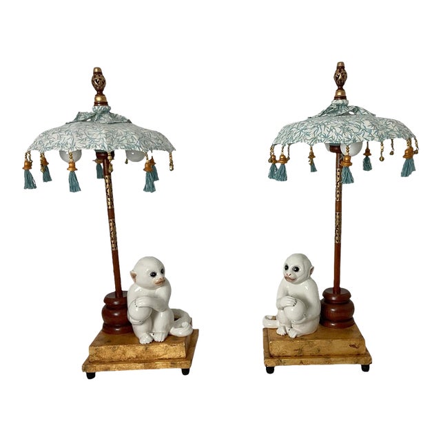 Italian Porcelain Monkey/Parisol Lamps With Gold Leaf Bases For Sale