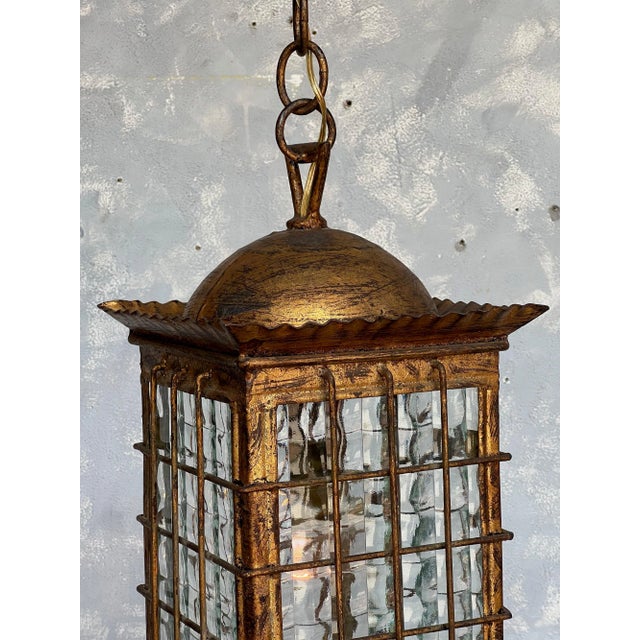 Spanish Gilt Metal Lantern With Textured Glass For Sale - Image 4 of 12