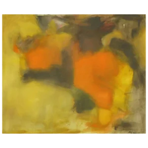 Signed Abstract Oil Painting on Canvas in Ochre, Green and Orange