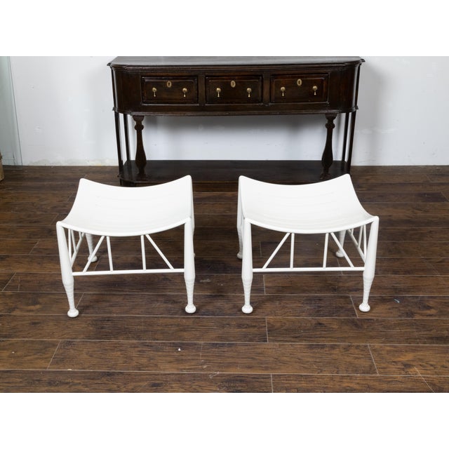 Pair of Vintage English Egyptian Revival White Thebes Stools with Curving Seats For Sale In Atlanta - Image 6 of 12
