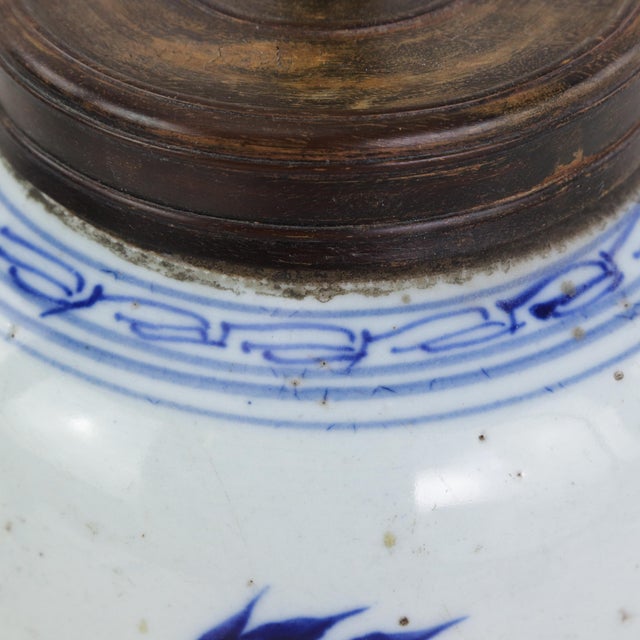 Blue and White Antique Porcelain Vase Lamp With Cobalt Floral Motif on Wood Base For Sale - Image 13 of 16