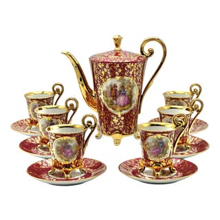 Vintage Ruby Red Porcelain Coffee Service with Gilt Romantic Fragonard Scene from Limoges, 1970s, Set of 13 For Sale