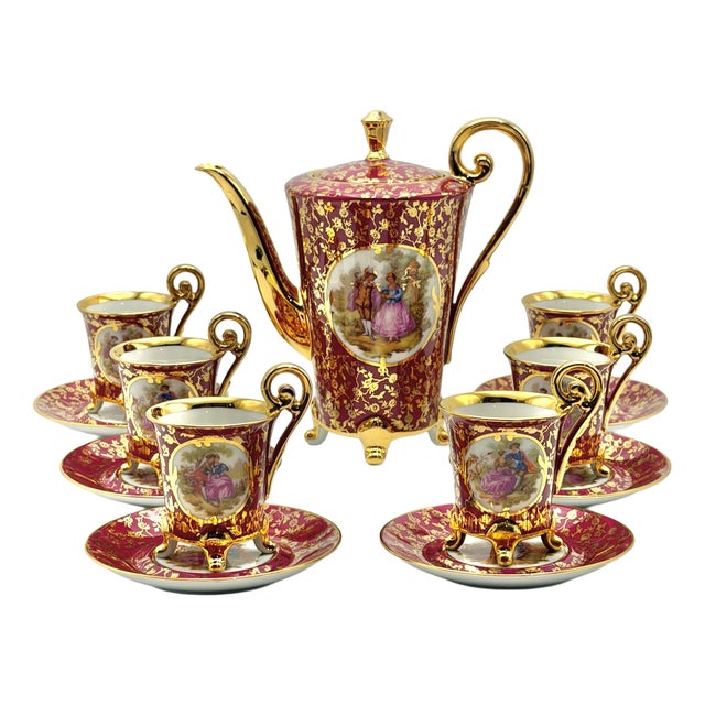 Vintage Ruby Red Porcelain Coffee Service with Gilt Romantic Fragonard Scene from Limoges, 1970s, Set of 13 For Sale
