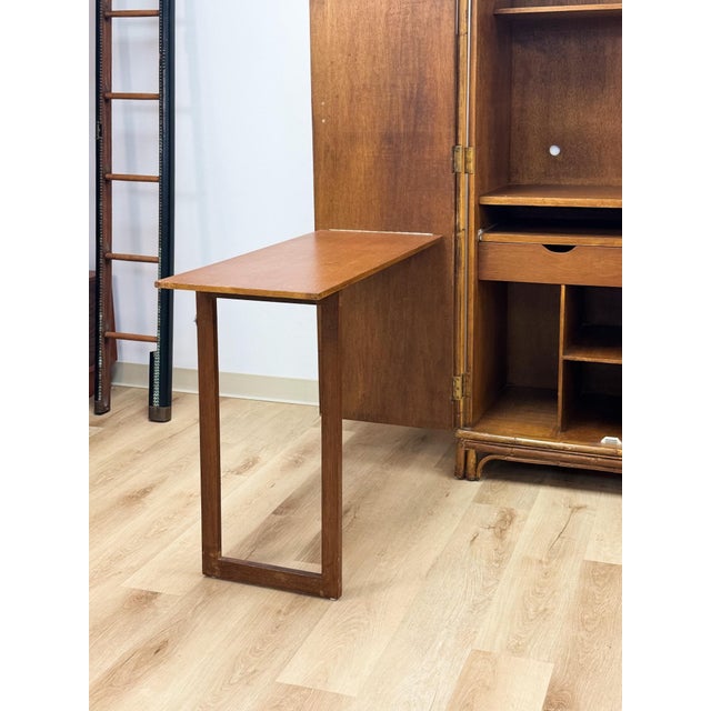Mid 20th Century Coastal Boho Faux Bamboo Wicker Rattan Armoire Wardrobe Combo With Foldout Desk For Sale - Image 11 of 15