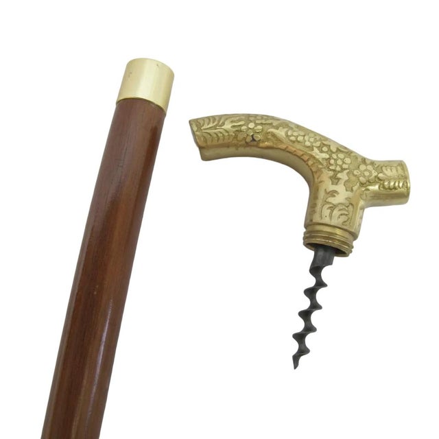 Victorian Victorian Floral Embossed Brass Walking Tippling Stick Cane W/Hidden Cork Screw For Sale - Image 3 of 11