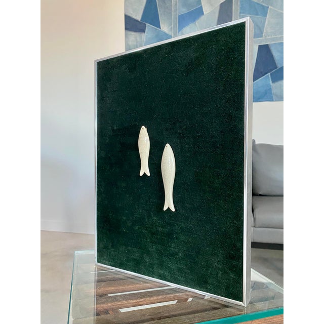 Kinetic Art Framed Bas Relief Carved Sardines Deep Forest Green Chenille Textile For Sale - Image 12 of 14