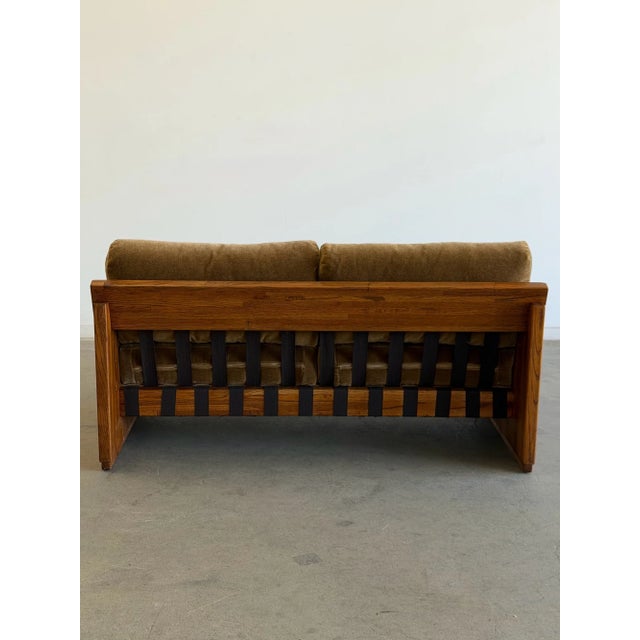 1970s Solid Oak Sling Loveseat in Mohair For Sale - Image 11 of 18
