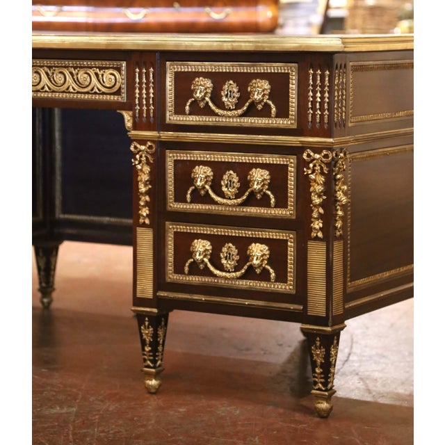 French 19th Century French Louis XVI Mahogany, Bronze & Leather-Top Partner Desk For Sale - Image 3 of 15
