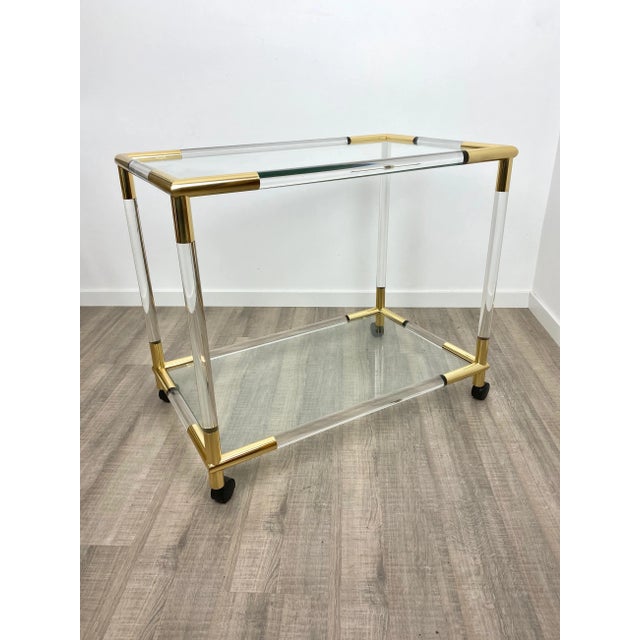 1970s Acrylic, Brass & Glass Bar Serving Cart Trolley, Italy, 1970s For Sale - Image 5 of 15
