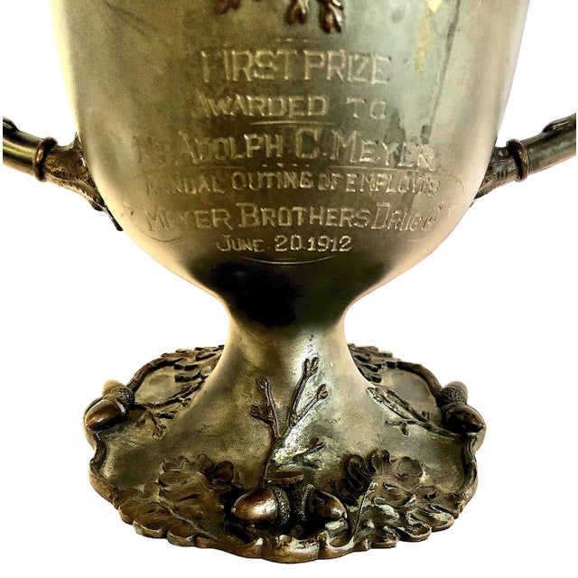 Art Nouveau Engraved Silverplate Trophy With Oak Leaves and Acorns For Sale - Image 4 of 12