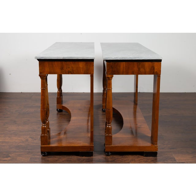 Pair of French 1860s Napoleon III Period Walnut Console Tables with Marble Tops For Sale - Image 4 of 12