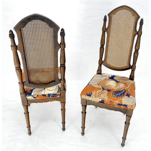 Jacobean Set of 4 Bright floral Upholstery Cane Backs Turned Oak Legs Dining Chairs MINT! For Sale - Image 3 of 15