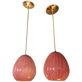 Hollywood Regency Pink and Brass Blown Glass Pendant Lights - a Pair For Sale