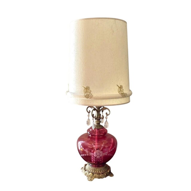 1970s Hollywood Regency Cut Ruby Glass & Crystal Prism Globe Table Lamp Light Up Base For Sale - Image 6 of 12