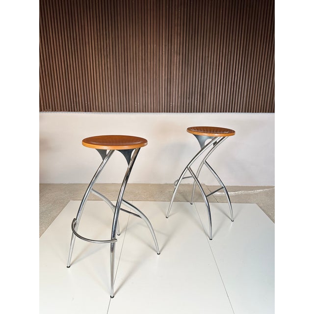 Postmodern Chromed Steel and Beech Bar Stools, Italy, 1990s, Set of 2 For Sale - Image 9 of 11