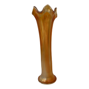 1930s Fenton Marigold Carnival Glass Fine Ribbed Trumpet Vase, 9.5”