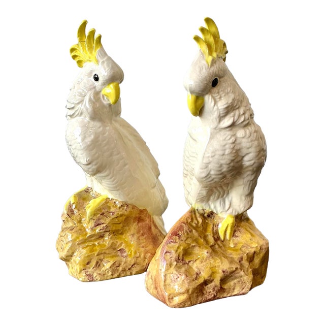 Vintage Glazed Ceramic Cockatoos - A Pair For Sale