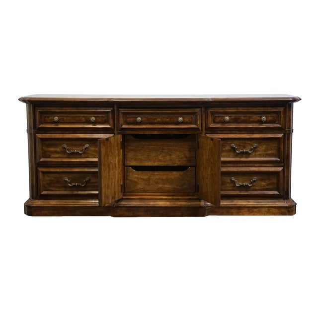 Stanley Furniture Stanley Furniture Solid Walnut Italian Provincial 74" Triple Door Dresser For Sale - Image 4 of 15