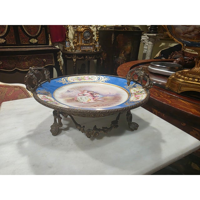 Antique French Hand-Painted Porcelain Centerpiece Bowl With Bronze Ormolu Stand & Cobalt Blue Border For Sale - Image 10 of 10