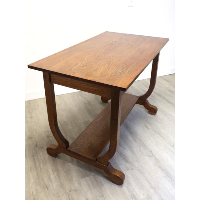 Antique Arts & Crafts Oak Library Table With Lyre-Form Supports & Bookshelf, C 1910–1920 For Sale - Image 9 of 9