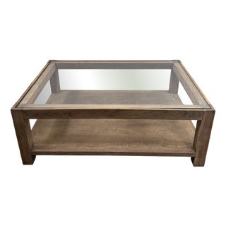 Brutalist Oak Coffee Table with Glass Top, 1980s For Sale