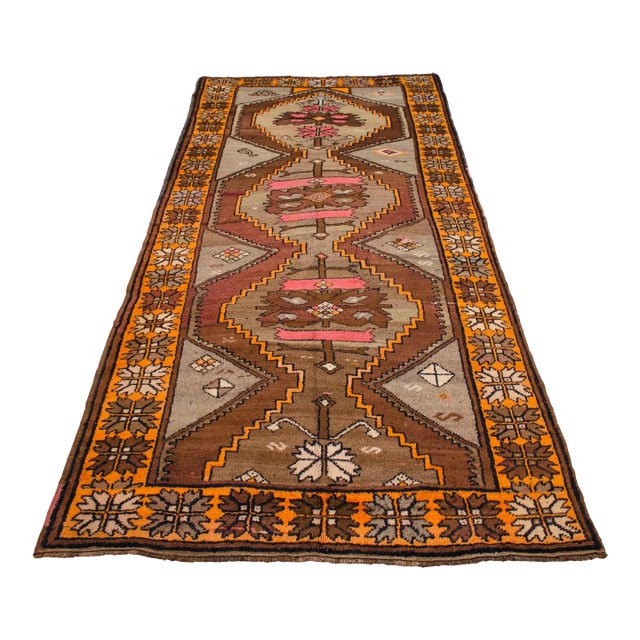 Vintage Hand Knotted Neutral Color Turkish Large Runner Rug - 4′5″ X 10′6″ For Sale