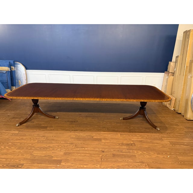Traditional Multi-Banded Mahogany Double Pedestal Dining Table - Showroom Sample For Sale - Image 14 of 15