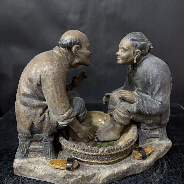 Vintage Shiwan Ware "Shared Joy" Figurine | Handmade Ceramic Elderly Couple Sculpture | 13" Wide For Sale - Image 9 of 9