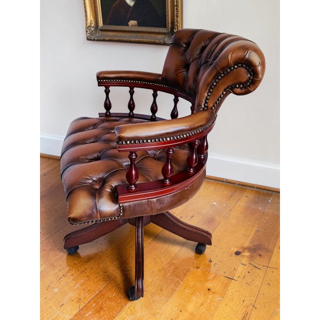 Antique Style Chesterfield Swivel and Tilt Captain's Chair in Brown Buttoned Leather, 1990s For Sale - Image 14 of 18