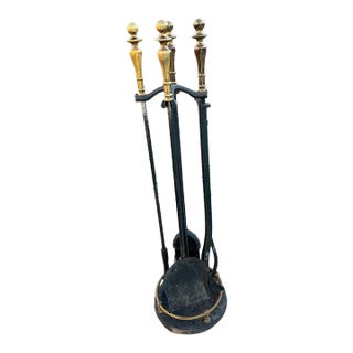 Vintage Pilgrim Black Iron & Solid Brass Fireplace Tool Set For Sale