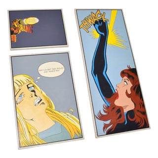Comic Strip Triptych of Black Widow, 1970, Oil on Canvases, Set of 3 For Sale