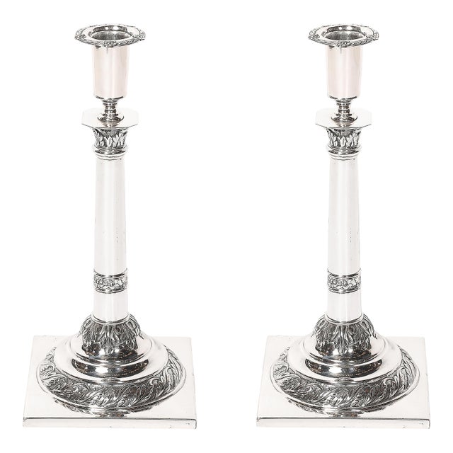 Pair of Silver Corinthian Column & Acanthus Sabbath Candlesticks by Ludwig Nast For Sale