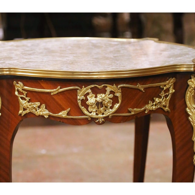 Cream Pair of Mid-C. French Louis XV Marble-Top Mahogany & Ormolu Mounted Side Tables For Sale - Image 8 of 11