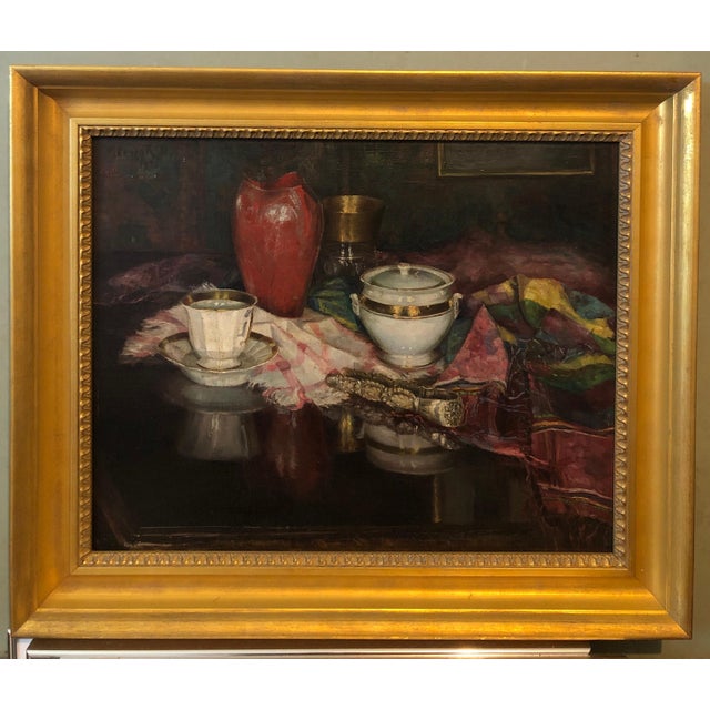 Nina Karasek, 1925 Viennese Oil Painting Interior Still Life with Porcelain Vase, Tapestry Rug, 1925 For Sale - Image 13 of 14