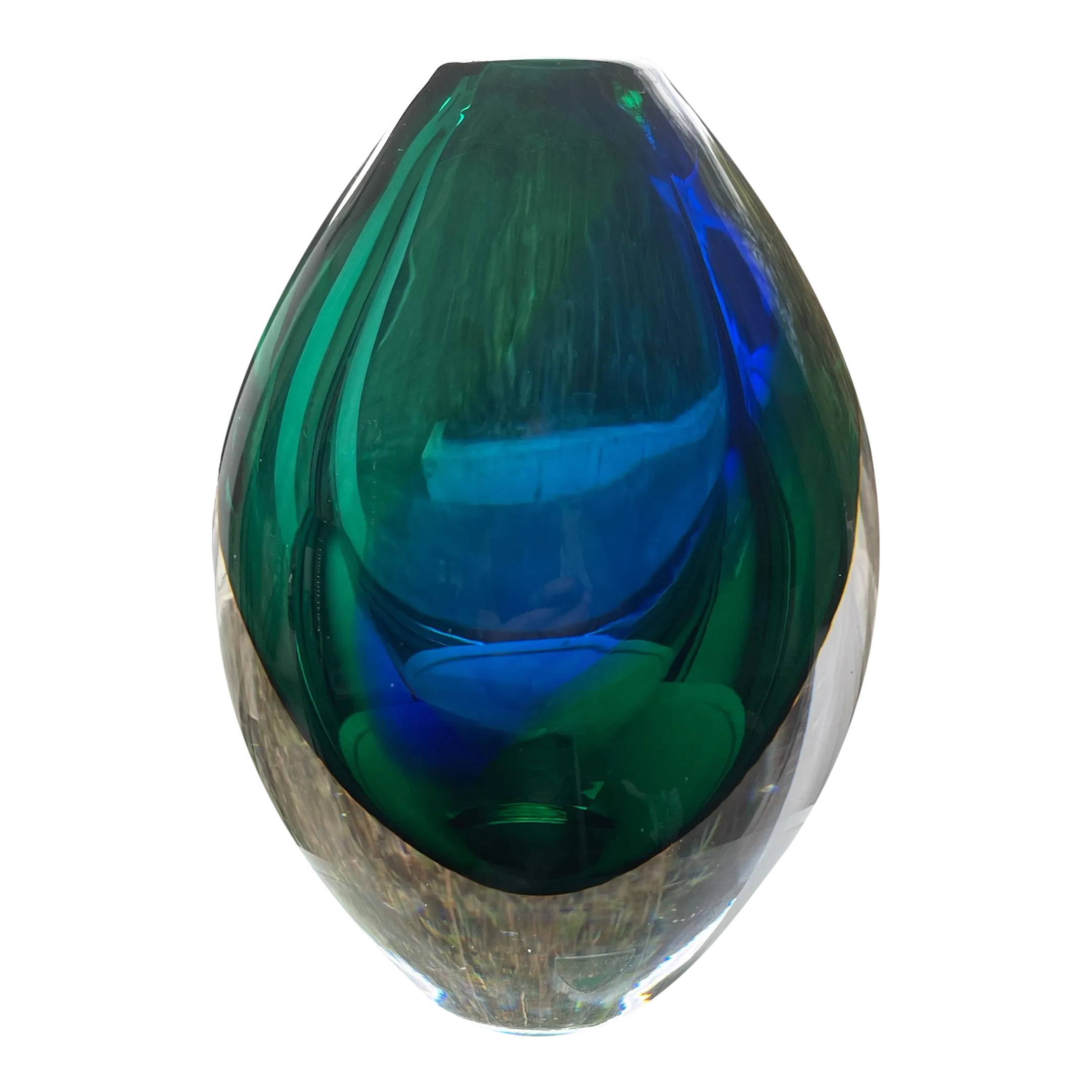 1980s Orrefors Erika Lagerbielke Green/Blue Rosebud Vase | Chairish
