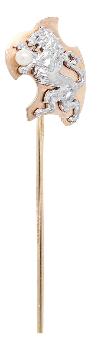 Antique 14k Gold, Sterling Silver, & Pearl Rampant Lion Stickpin
