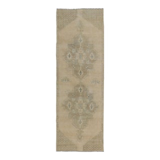 Vintage Turkish Oushak Runner in Neutral & Warm Tones With Tribal Medallions 3'8 X 11'1 For Sale