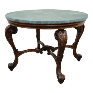 French Baroque Style Carved Mahogany and Green Marble Top Round Center Table