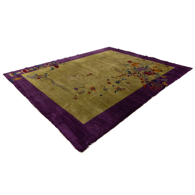 Antique 1920s Art Deco Chinese Rug in Chartreuse Olive and Imperial Violet 9x12 For Sale - Image 12 of 12