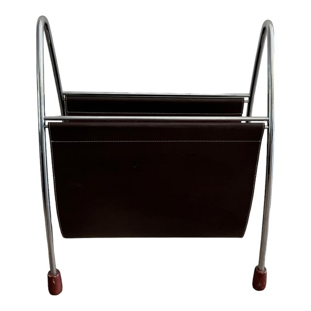 1990s Swing Leather and Chrome Magazine Rack For Sale